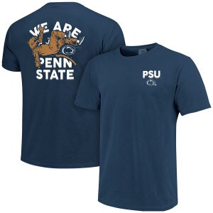 navy short sleeve t-shirt, front: PSU above Athletic Logo, back: We Are Penn State with Lion Mascot toss